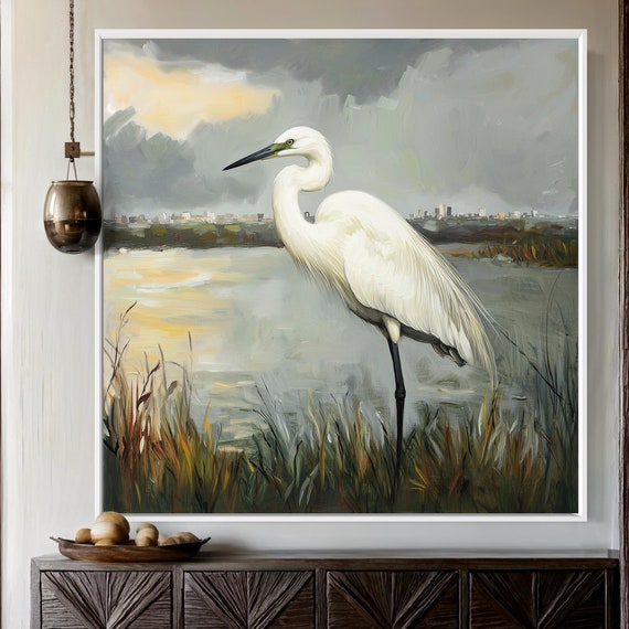 White Heron Wall Art Elegant Countryside Scene With Moody Sky Coastal Bird Print For Above Bed Or Vintage Inspired Room Decor