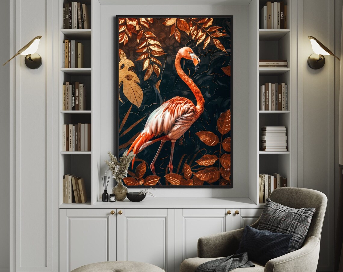Elegant Pink Flamingo Golden Leaves Dark Tropical Luxury Wall Art