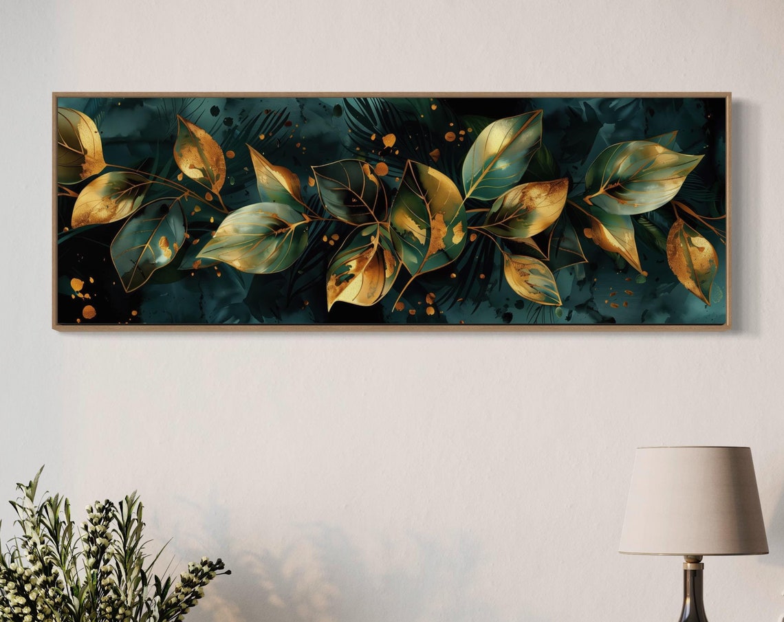 Elegant Gold Black Leaves Panoramic Botanical Luxury Wall Art Print - Image 5