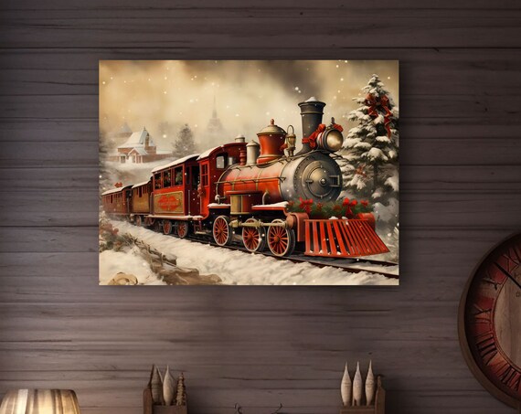 Vintage Red Christmas Steam Train in Snowy Night Landscape Poster