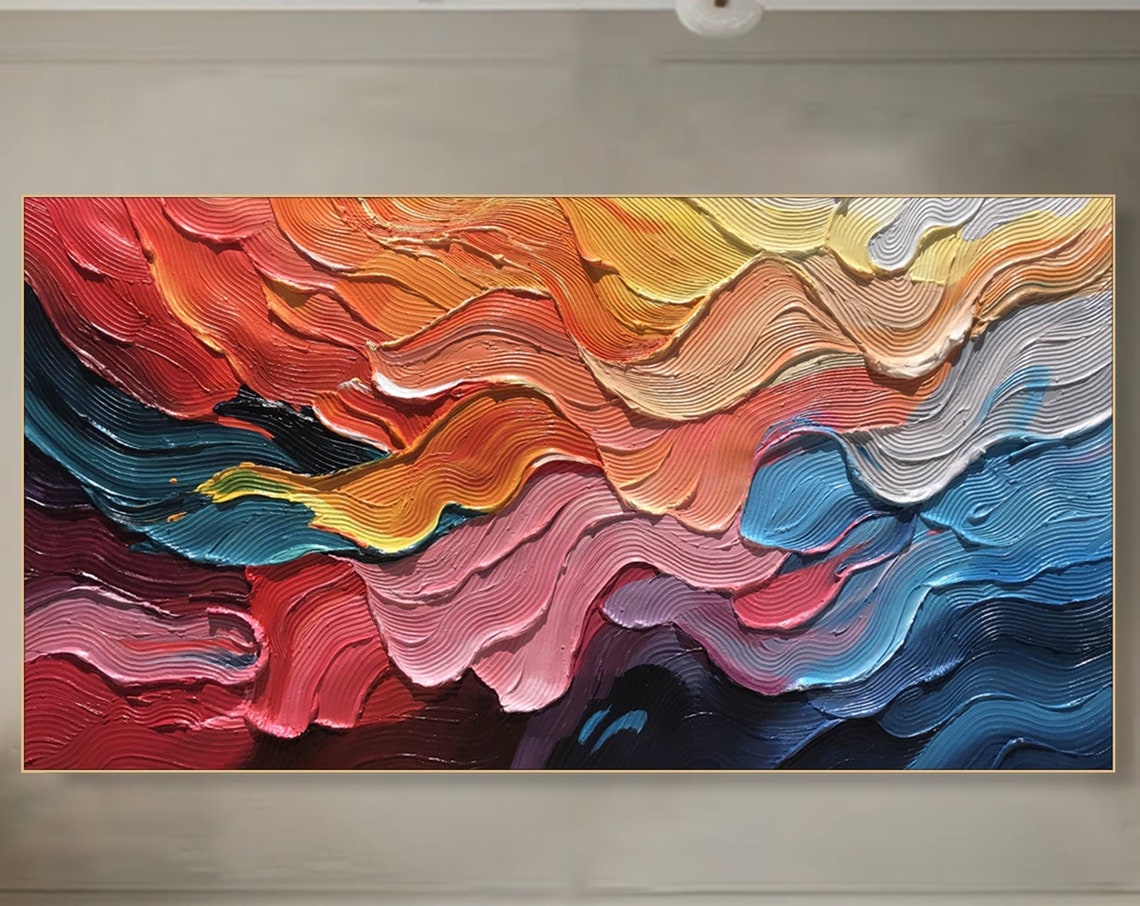 Rainbow Wave Swirls Red Orange Blue Textured Impasto Art Poster