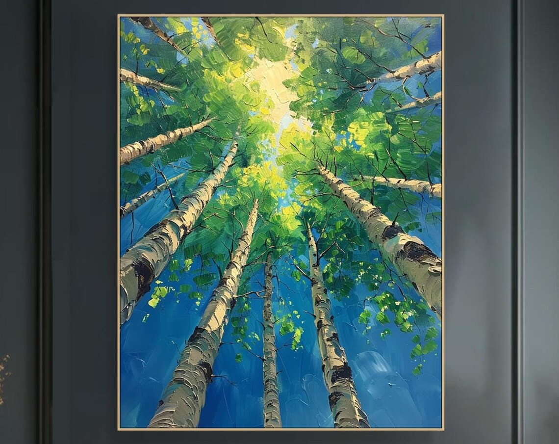 Green Forest Oil Painting, Birch Tree Wall Art