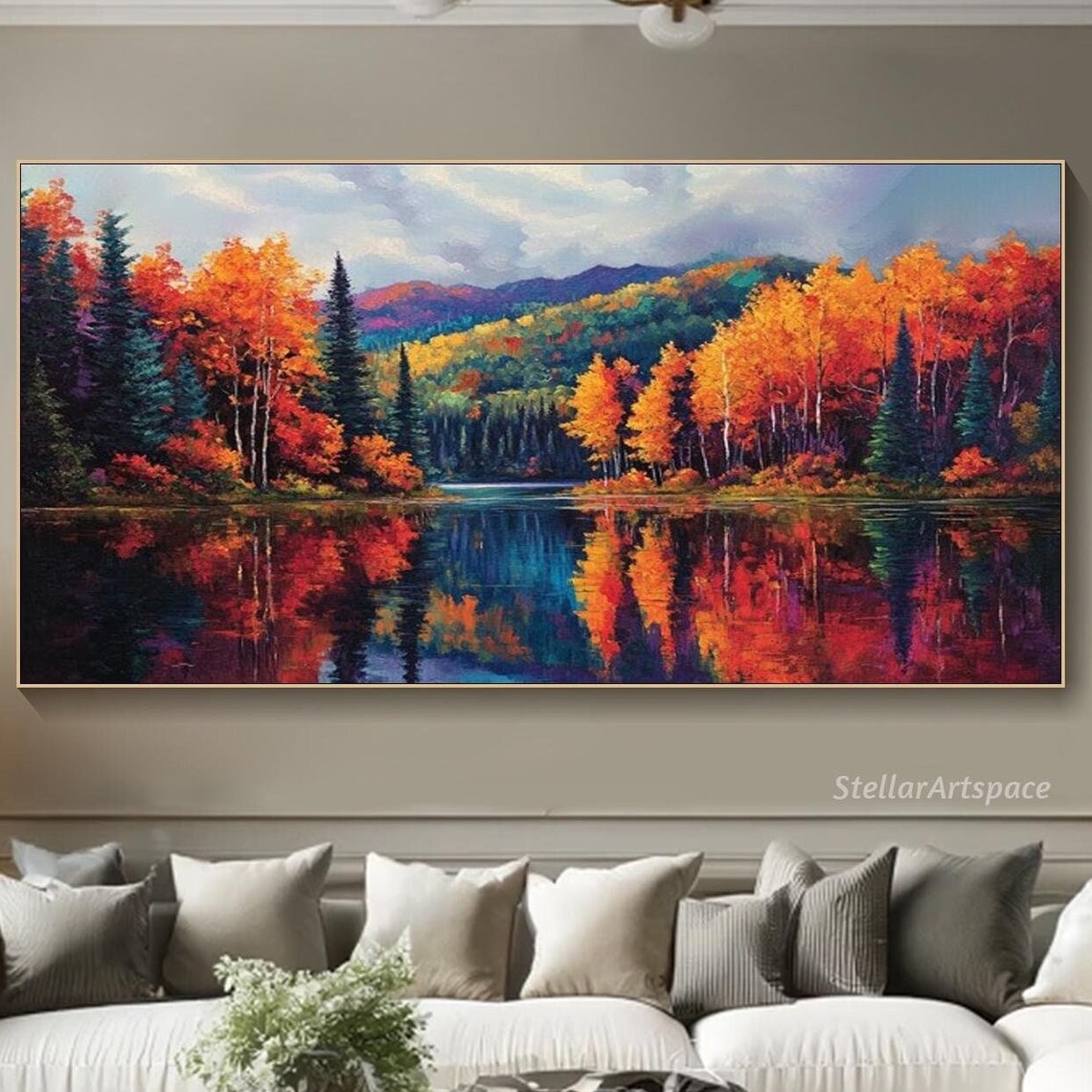 Autumn Forest Lake Mirror Reflection Fiery Orange Trees Art Poster