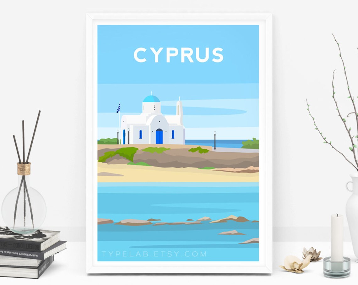 Cyprus Travel Poster, Mediterranean Landscape Art Print