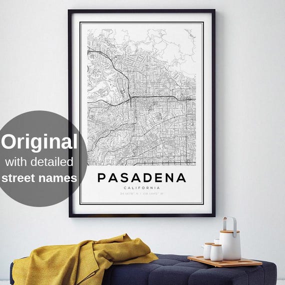 Pasadena Map Art Print City Street Wall Poster Minimalist Usa Travel Home Decor Black White