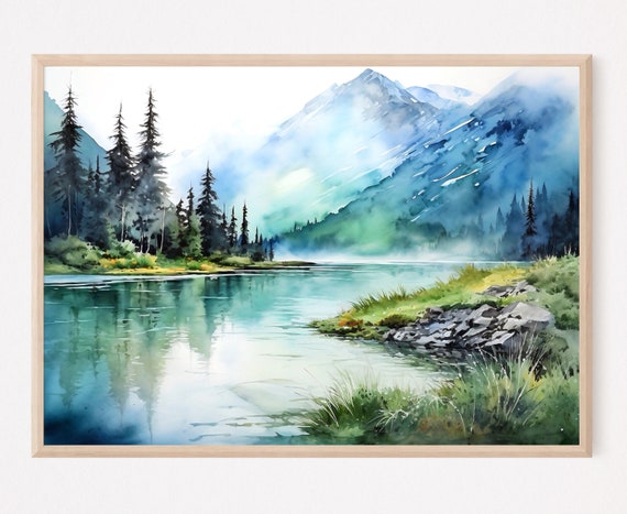 Misty Mountains Watercolor Print Mountain Lake Large Wall Art Mountain Landscape Home Decor Gift Art