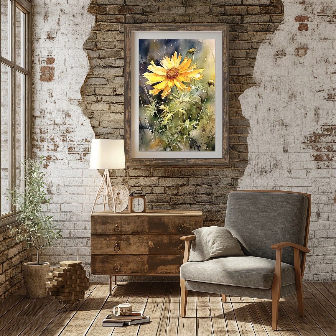 Golden Yellow Wildflower Bloom Dark Watercolor Floral Art Poster - Image 2
