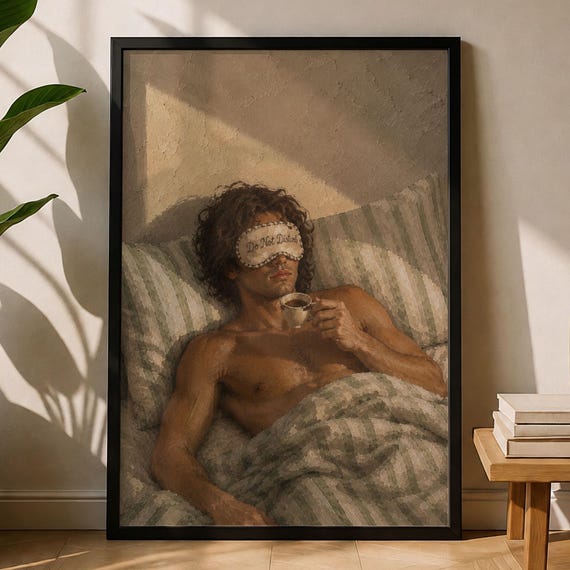 Woman Drinking Cappuccino Cozy Morning Coffee Wall Art Self Care Bedroom Illustration
