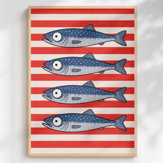 Vintage Sardine Print Colorful Retro Fish Kitchen Wall Art