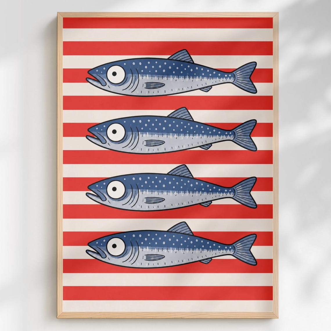 Four Sardines Retro Striped Fish Cartoon Kitchen Decor Poster