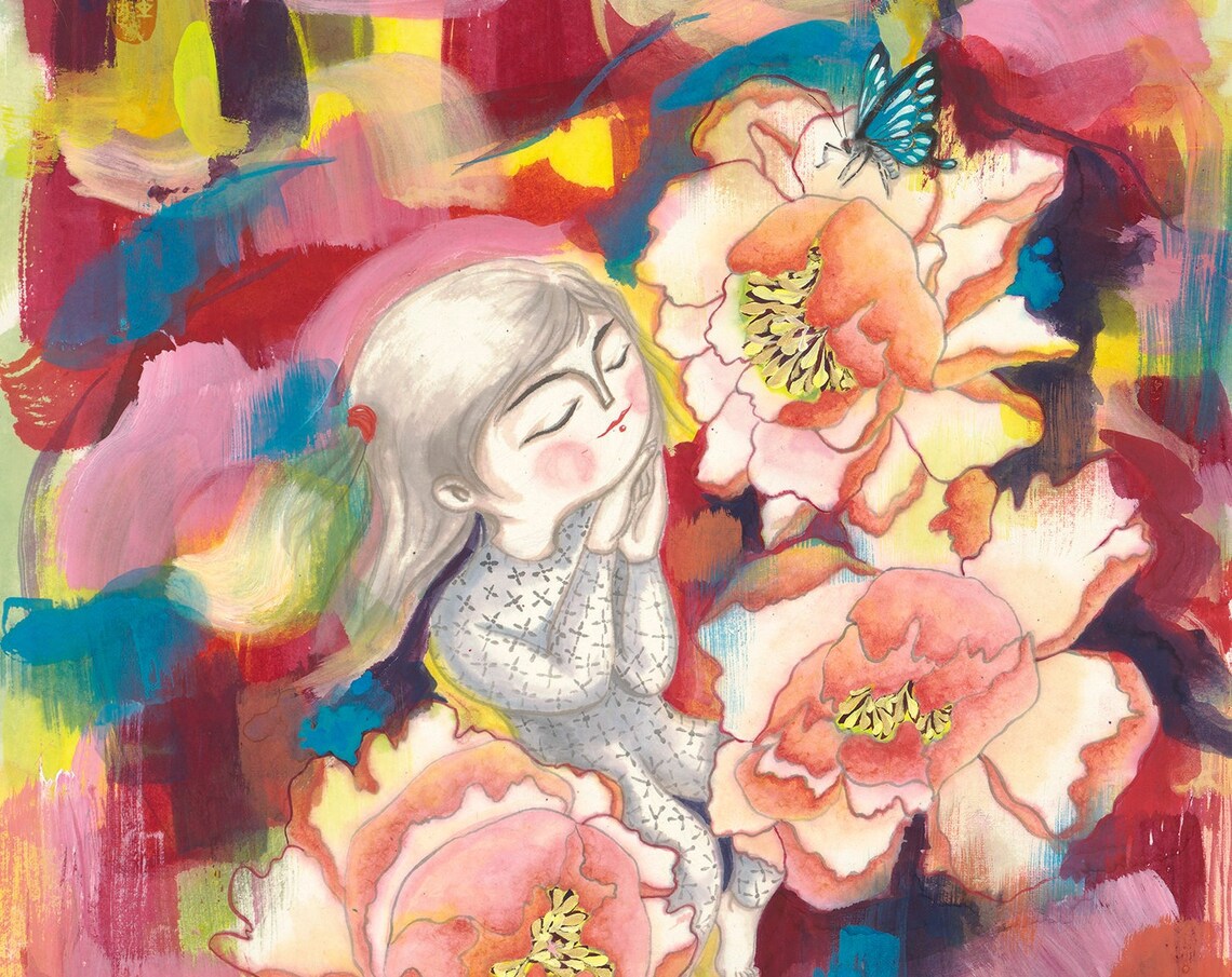 Sleeping Girl Among Giant Peonies Butterfly Art Garden Poster