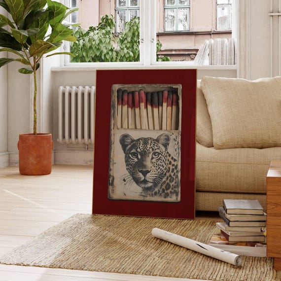 Retro Dark Red Poster Matchbox Leopard Prints Roar Print Wall Decor Femme Fatale Bar Cart Art