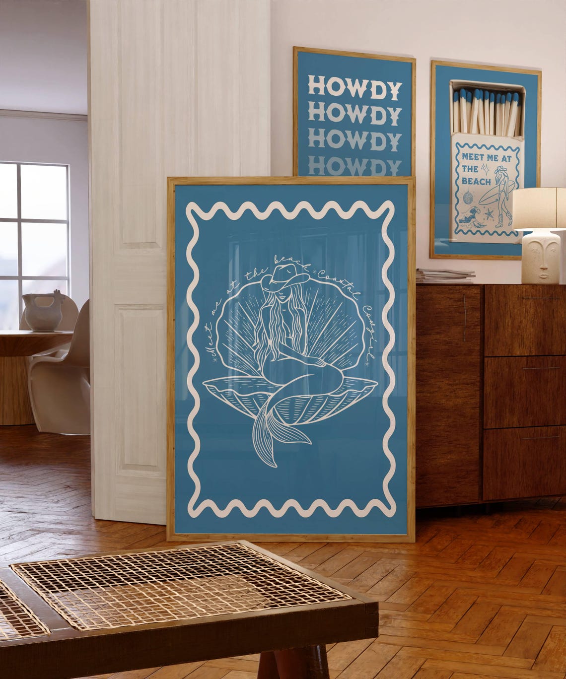 Coastal Cowgirl Mermaid Shell Blue Line Art Beach Quote Decor Poster