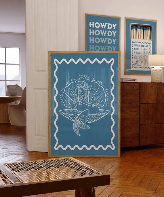 Coastal Cowgirl Mermaid Shell Blue Line Art Beach Quote Decor Poster
