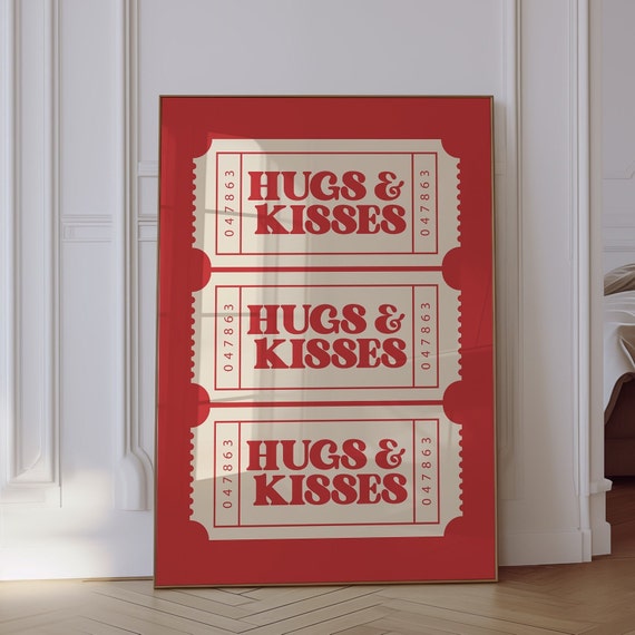 Trendy Ticket Art Print Hugs Kisses Beige Red Ticket Wall Art Retro Poster Apartment Decor Trendy Bar Cart Decor Art