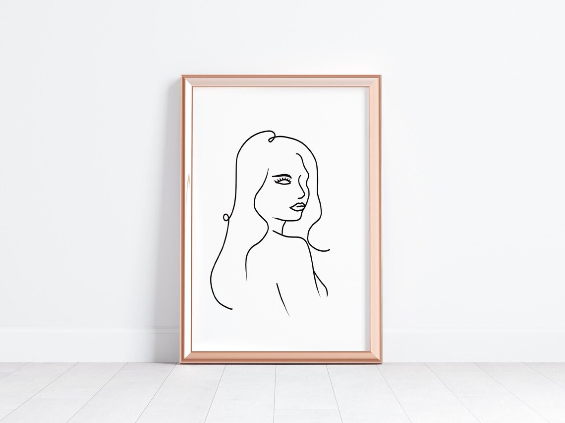 Minimalist Single Line Woman Portrait Flowing Hair Sketch Wall Art