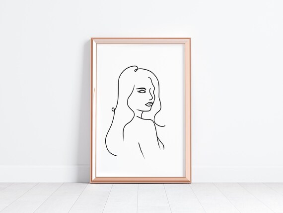 Minimalist Single Line Woman Portrait Flowing Hair Sketch Wall Art