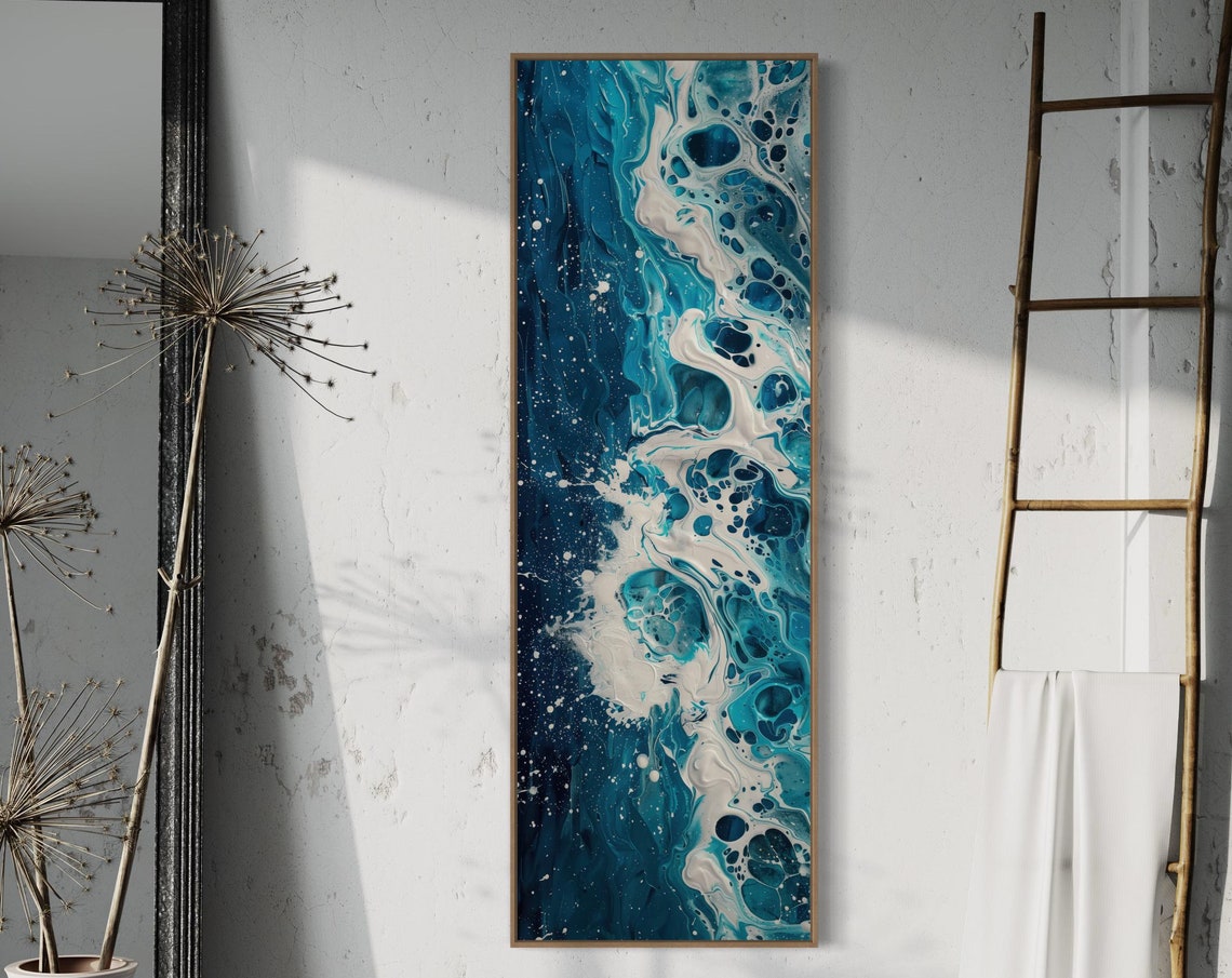 Relaxing Ocean Waves Abstract Blue White Fluid Tall Wall Art Print