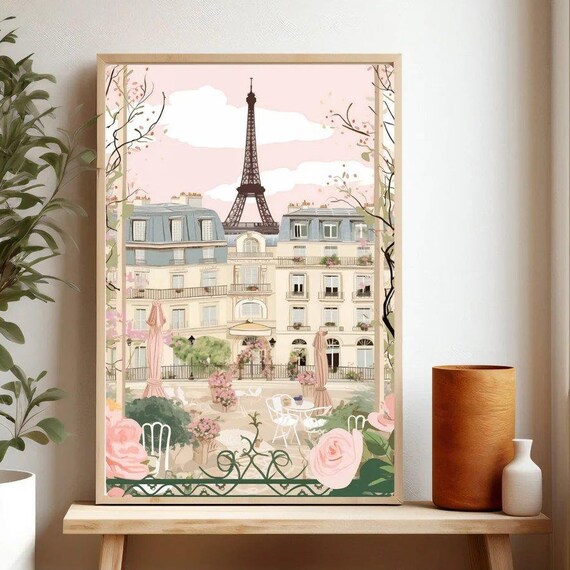 Paris Eiffel Tower Illustration Pink Courtyard Cafe Garden Poster