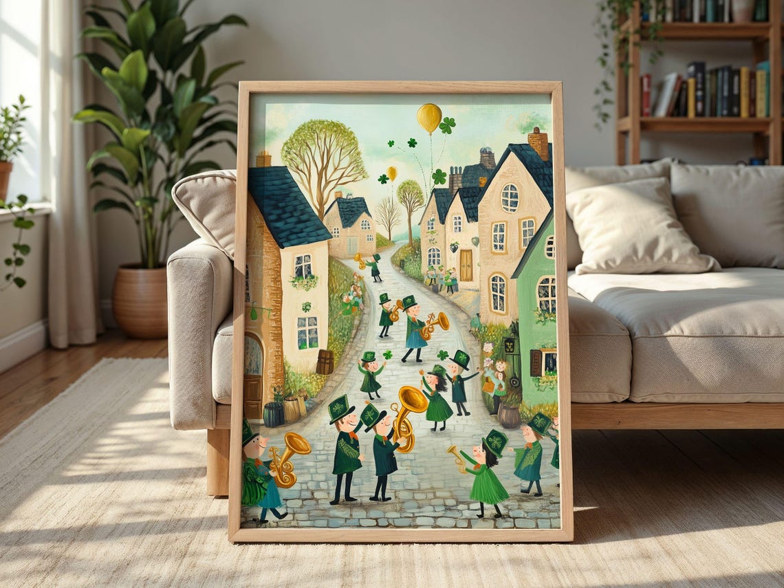 Cute St Patricks Parade Celebration Print St Patricks Day Town Wall Art Spring St Patricks Art Home Decor - Image 2