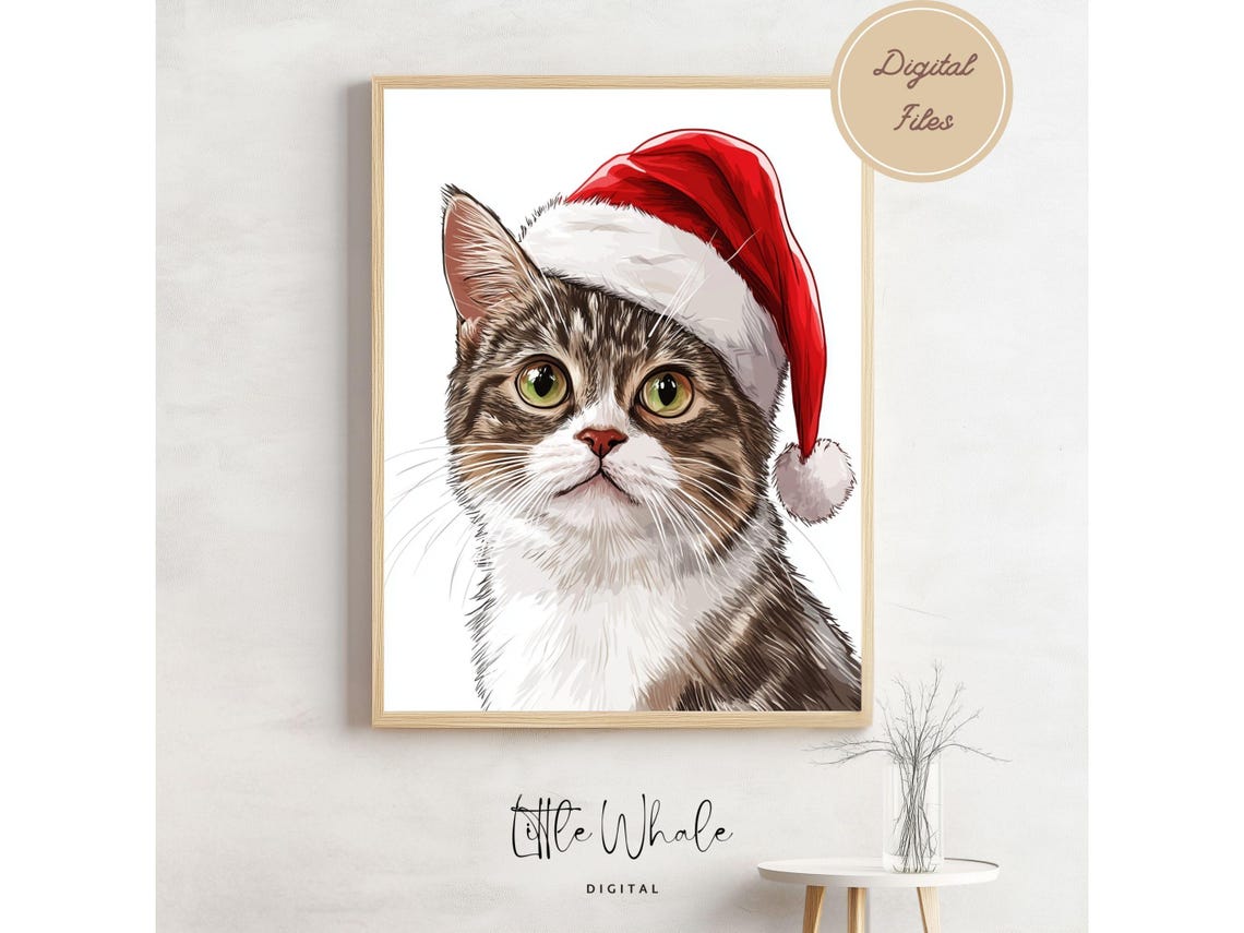 Tabby Cat Wearing Santa Hat Cute Christmas Portrait Art Print