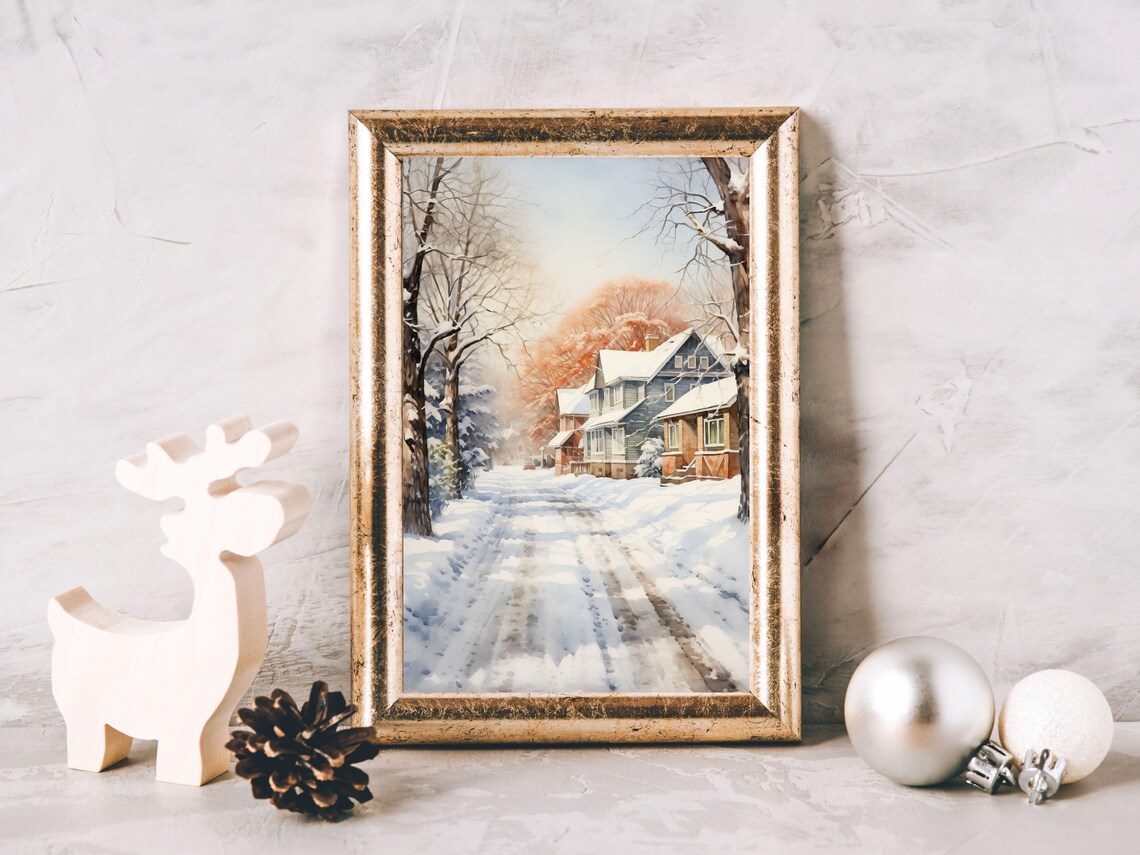 Snowy Village Street Watercolor with Cozy Houses Winter Art Print - Image 3