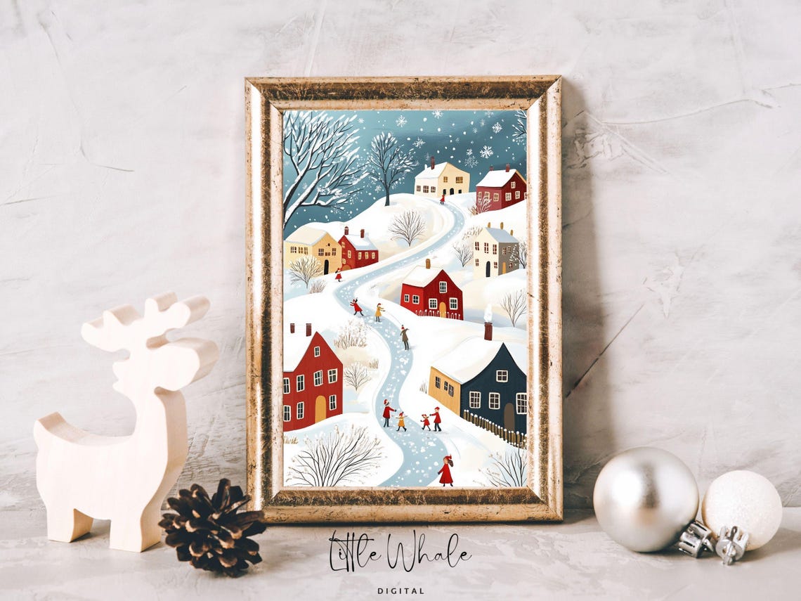 Snowy Hillside Village Folk Art Scene with Sledders and Skaters Poster - Image 2