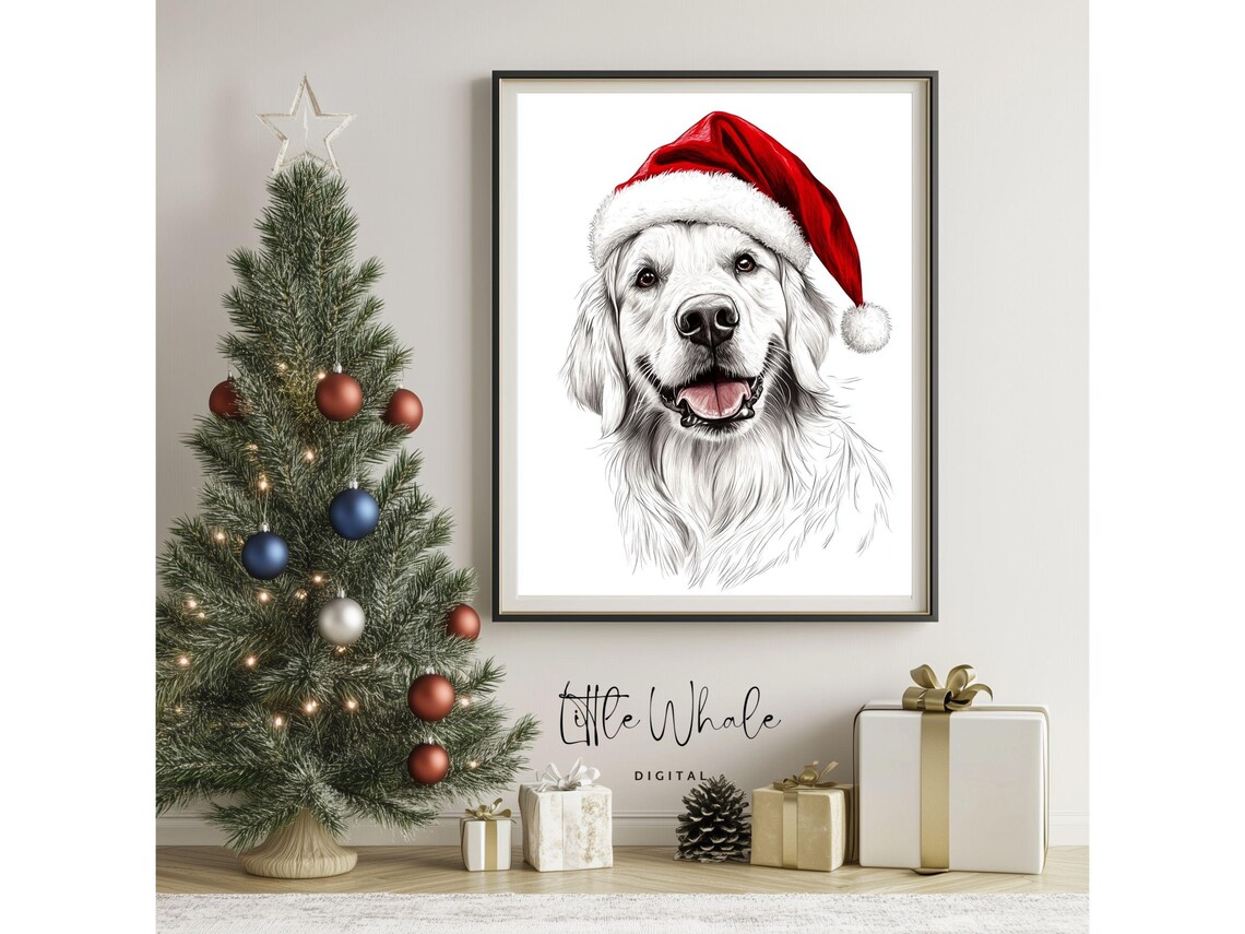White Golden Retriever Sketch in Santa Hat Smiling Dog Art Print - Image 3