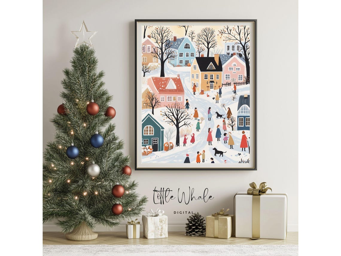 Whimsical Cozy Snowy Village Winter Town Stroll Holiday Poster - Image 2