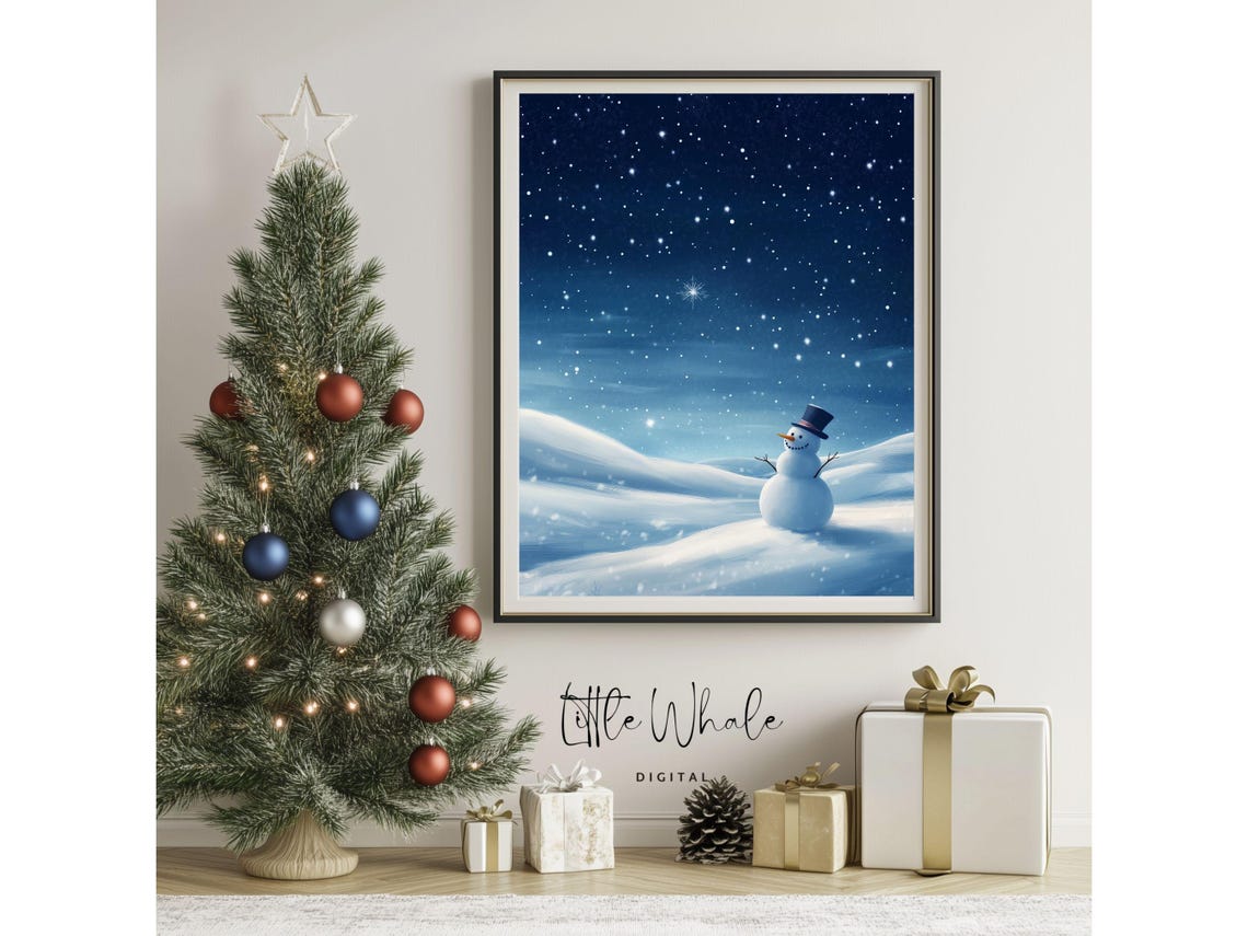 Snowman Under a Starry Night Sky on Snowy Hills Winter Scene Poster - Image 3