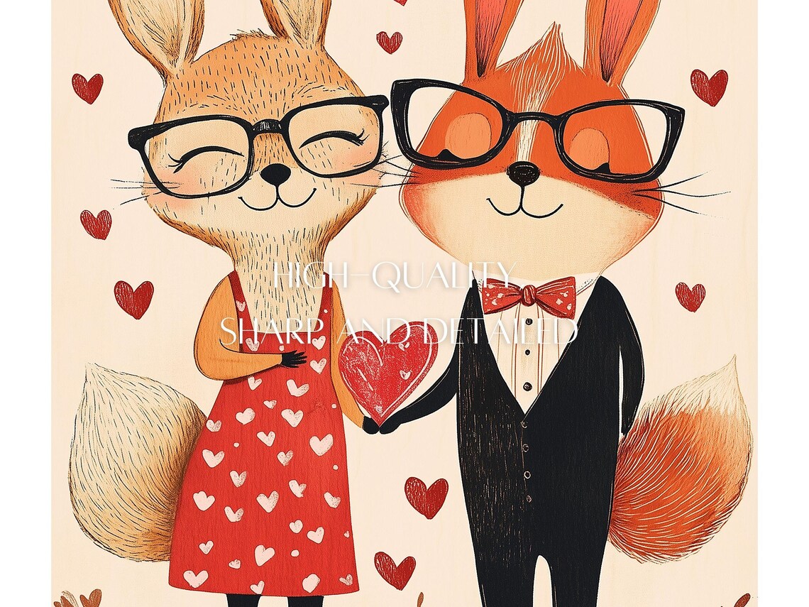 Cute Fox Rabbit Animal Couple Glasses Valentine Sweetheart Poster - Image 3