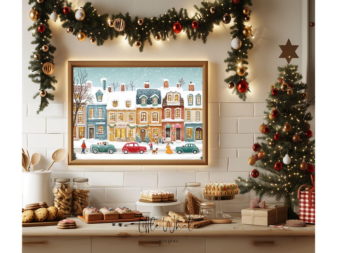 Snowy Vintage Main Street With Classic Cars Holiday Town Poster - Image 3
