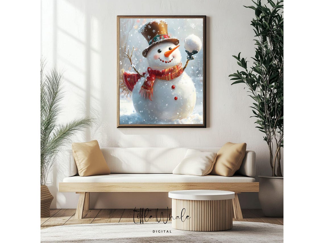 Cute Snowman with Top Hat and Red Scarf Holding Snowball Poster - Image 2