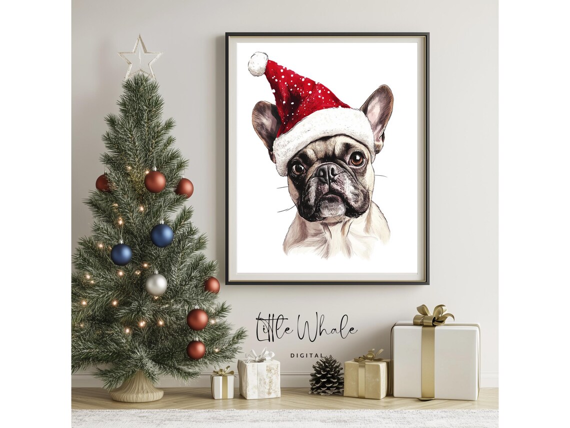 French Bulldog in Santa Hat Adorable Christmas Pup Portrait Art Print - Image 3