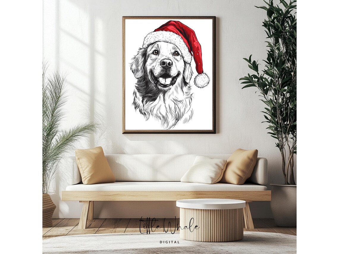Golden Retriever in Santa Hat Smiling Christmas Dog Sketch Art Print - Image 4