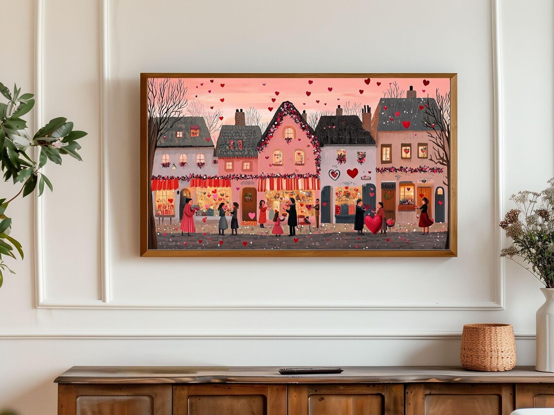 Valentine's Old Town Street Garland Decorated Houses Scene Poster - Image 2
