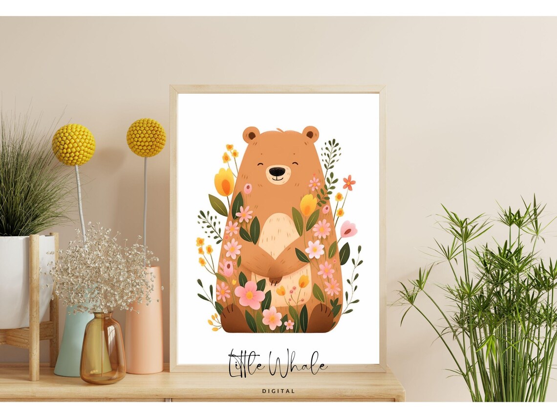 Cute Floral Brown Bear Nursery Wall Art Wildflower Kids Room Decor Print - Image 2