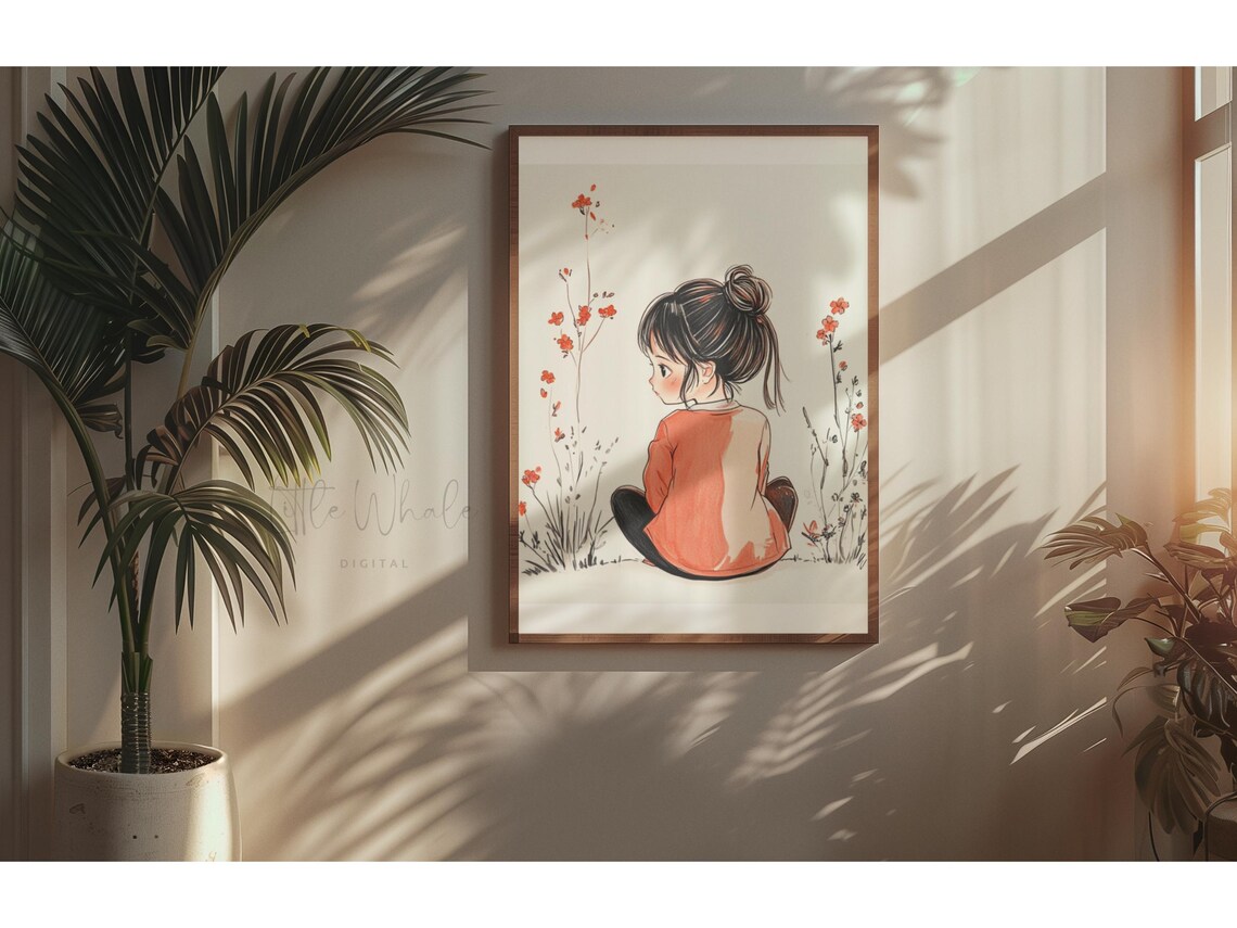 Anime Girl in Orange Sweater Sitting Among Red Flowers Art Print - Image 3