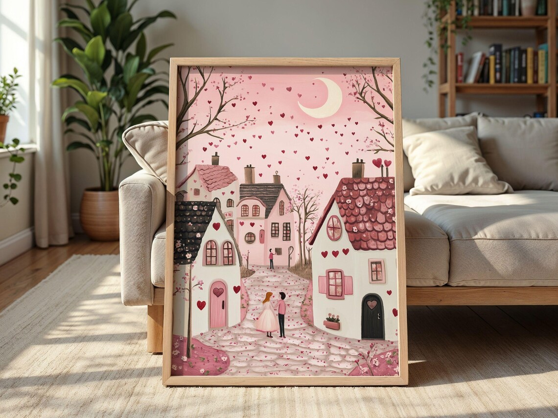 Valentine's Village Under Crescent Moon Couple Walking Street Poster - Image 2