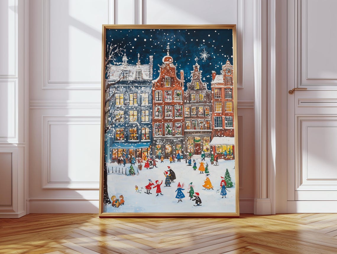 Snowy Historic Town Square At Night With People In Falling Snow Poster - Image 2