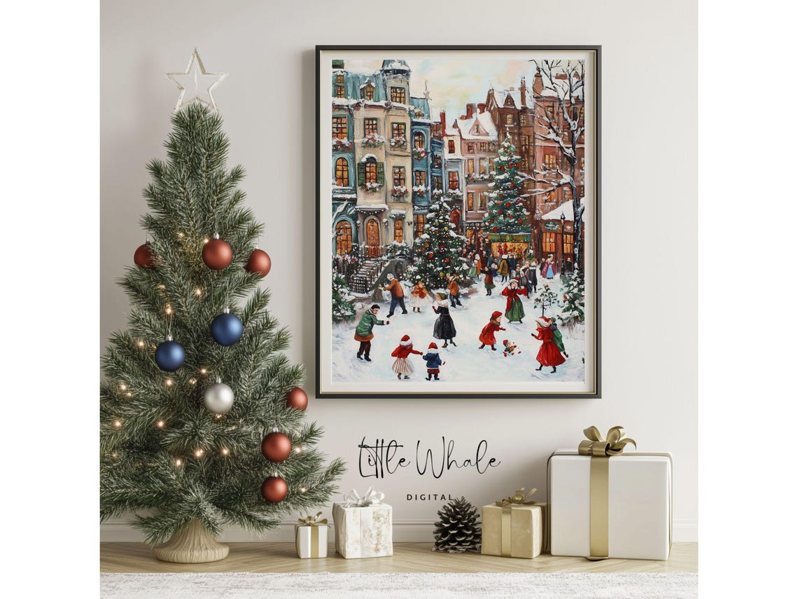 Snowy Old Town Square with Christmas Trees and Skaters Painting Poster - Image 3