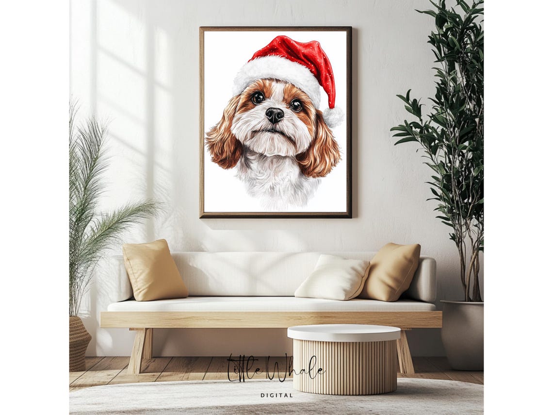 Cavalier King Charles Spaniel in Santa Hat Christmas Puppy Art Print - Image 4