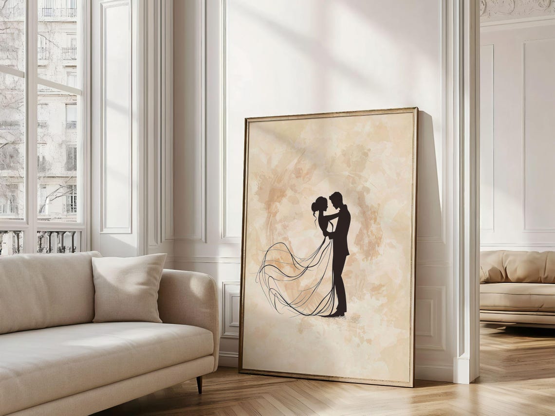 Minimalist Dancing Couple Silhouette Romantic Beige Line Art Poster