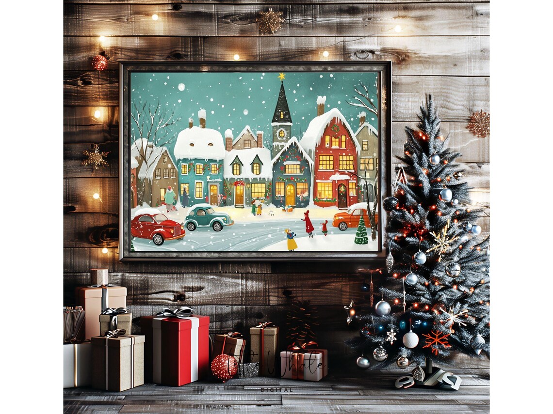 Snowy Village Street with Church and Vintage Cars Holiday Scene Poster - Image 2