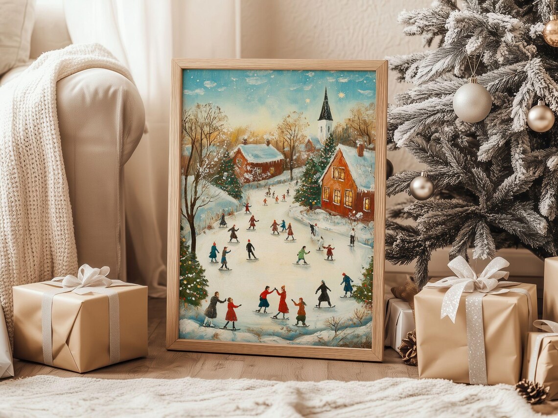 Daytime Ice Skating Pond With Village Church Winter Scene Poster