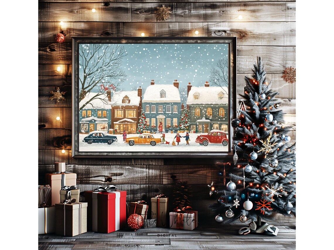 Vintage Snowy Street with Old Cars Row Houses and Gift Shoppers Poster - Image 2
