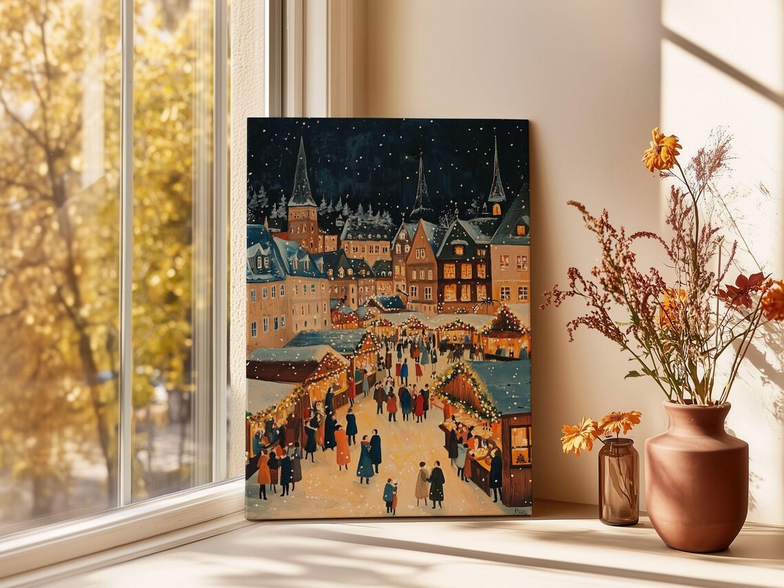 European Christmas Market At Night In A Snowy Old Town Poster - Image 3