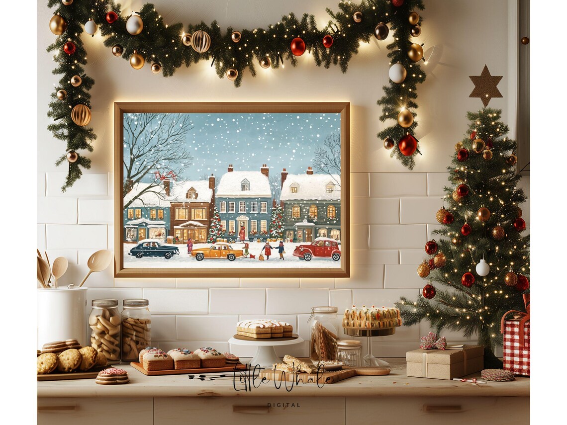 Vintage Snowy Street with Old Cars Row Houses and Gift Shoppers Poster - Image 3
