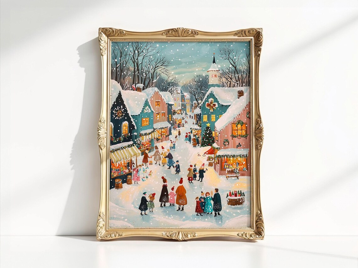 Snowy Christmas Market Wall Art Cozy Winter Town Print Holiday Home Decor Pastel Xmas Village Seasonal Art