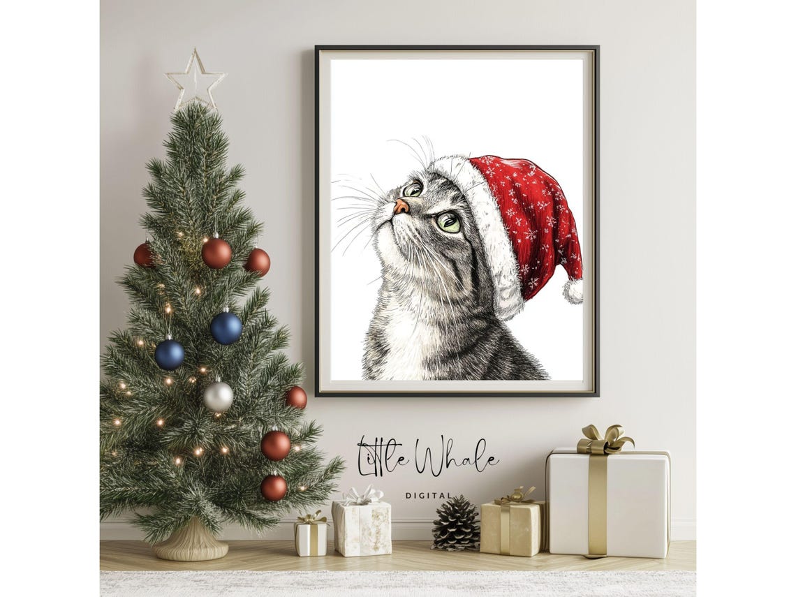 Tabby Cat Looking Up in Snowflake Santa Hat Christmas Art Print - Image 3
